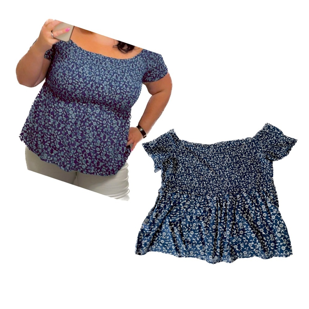 Smocked off the shoulder blue and white blouse